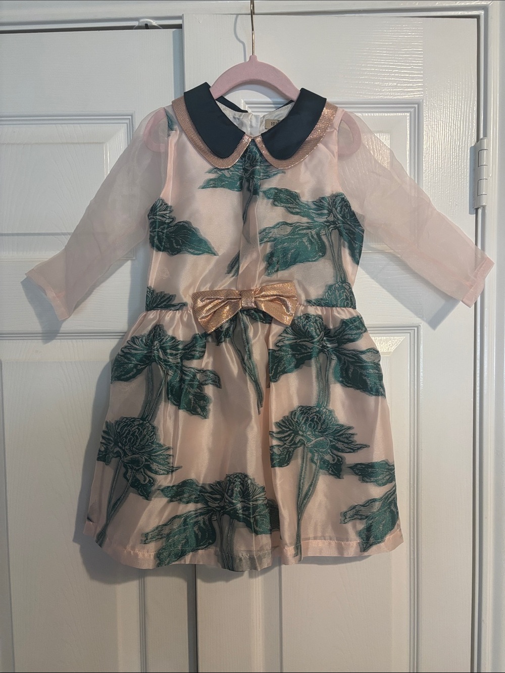 Girls' Pink Floral Dress with Green Embroidery and Gold Bow